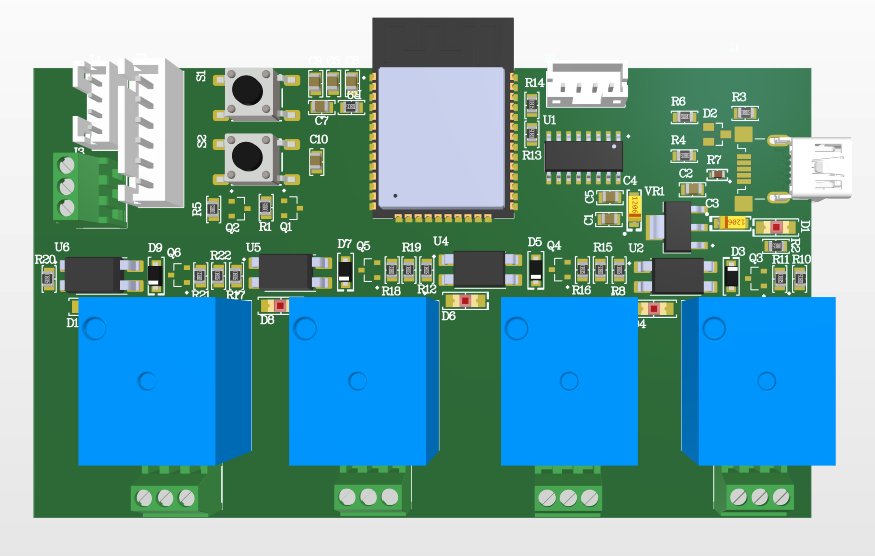 3D draft view of the ESP32 relay board: ESP32 module and USB-C at the top, four blue relays with screw terminals at the bottom